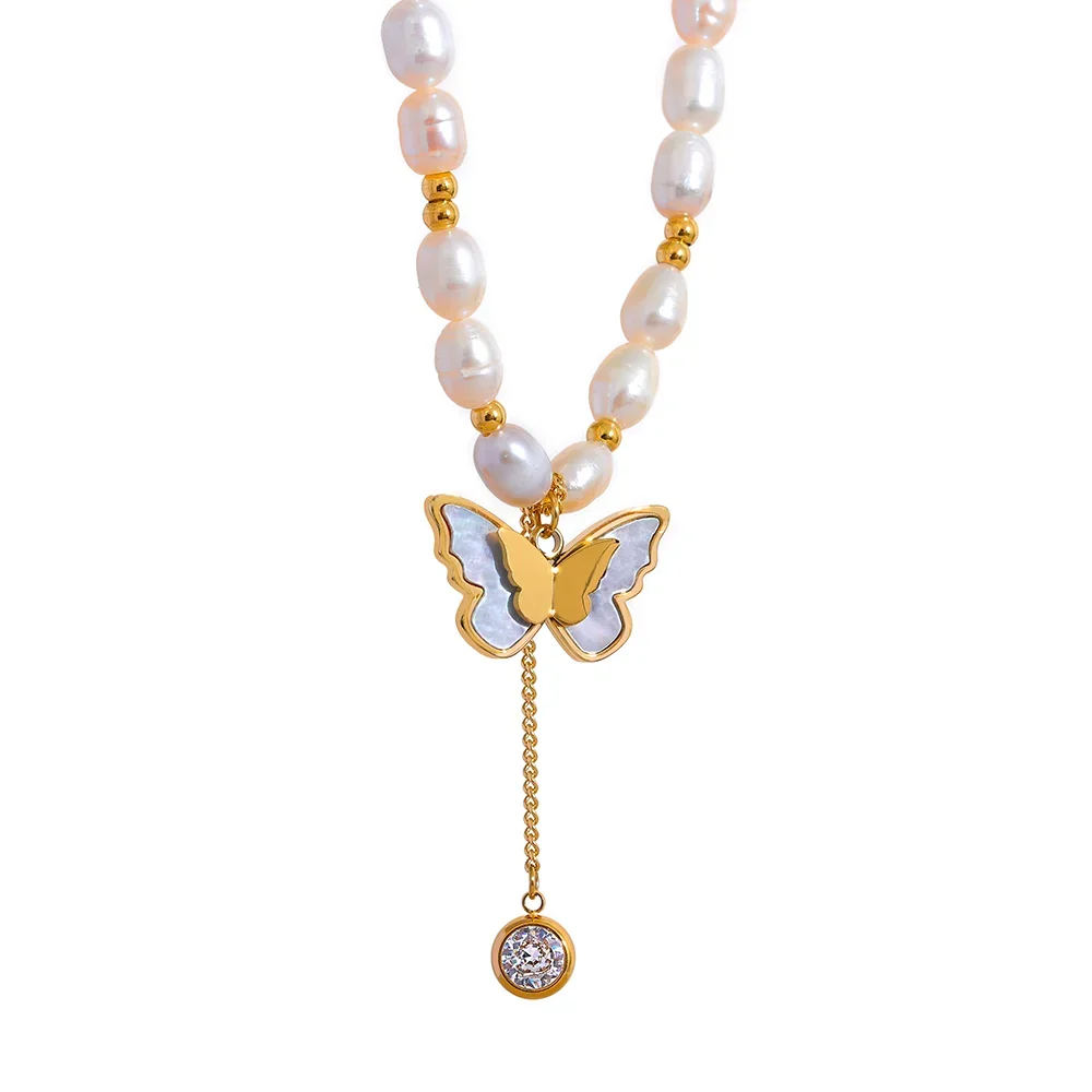 Ely Pearl Butterfly Pendant Necklace