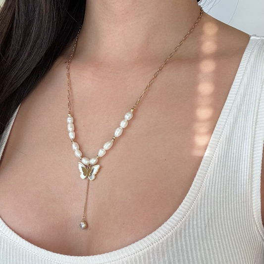 Ely Pearl Butterfly Pendant Necklace