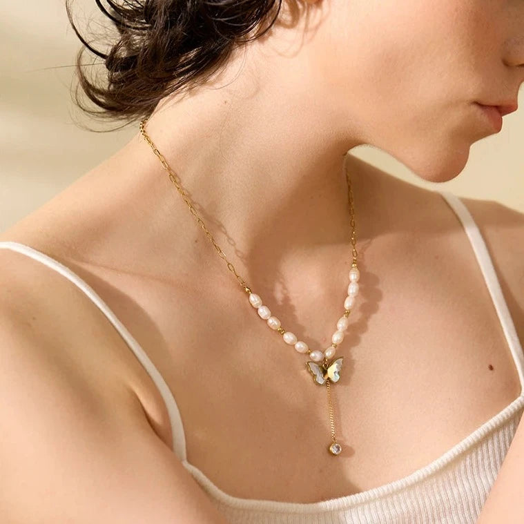 Ely Pearl Butterfly Pendant Necklace