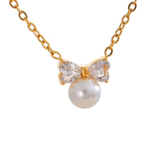 Ansley Delicate Bow Zircon and Pearl Necklace